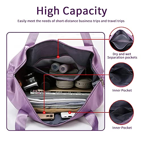 Large Capacity Foldable Travel Bag, Expandable Waterproof Carry on Bag, Dry and Wet Separation Spor Duffel Bags - color: Purple