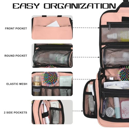 Goloni Hanging Toiletry Bag, 10 Compartments Water-Resistant Makeup Bag with 360° Spinning Metal Hook, Large Travel Cosmetic Organizer for Men & Women, Pink (7.05oz) - color: Pink