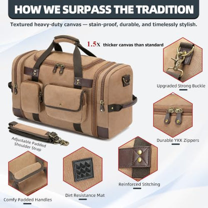 Canvas Duffle Bag for Travel, Carry On Overnight Bag for Men Women - color: Brown