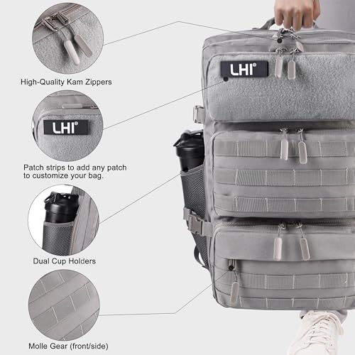 LHI Military Tactical Backpack for Men and Women 50L Army 3 Days Assault Pack Bag Large Rucksack with Shoe Compartment - Grey - color: Grey