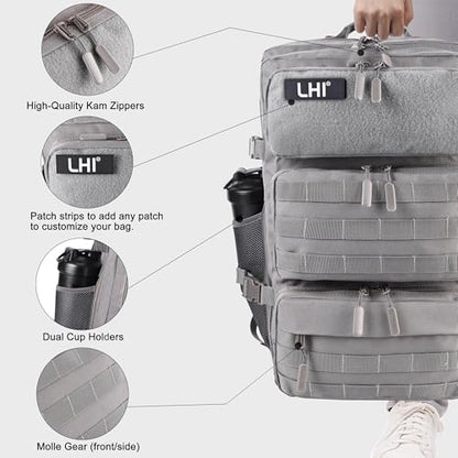 LHI Military Tactical Backpack for Men and Women 50L Army 3 Days Assault Pack Bag Large Rucksack with Shoe Compartment - Grey - color: Grey
