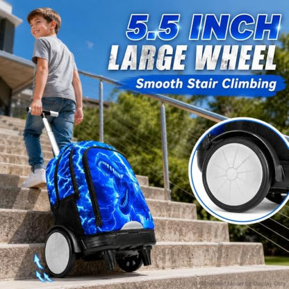 3Pcs Large Rolling Backpack for Boys, 20 Inch Detachable Wheeled Bookbag with Lunch Box, Durable Lightning Dinosaur Roller Backpack for Elementary Middle School (Blue) - color: Large Wheels Dinosaur Blue