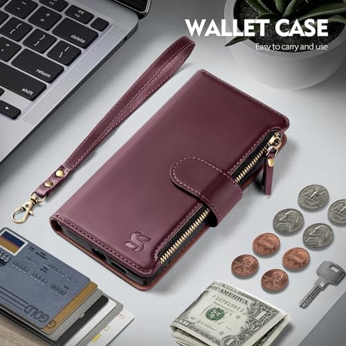 Shieldtop Compatible with Samsung Galaxy S25 Plus Wallet Case with Card Holder,Women Men RFID Blocking PU Leather Flip Cover Wrist Strap Zipper Credit Card Slots,Phone Case for S25 Plus,Wine Red - color: Wine Red, size: Samsung Galaxy S25 Plus - 6.7"