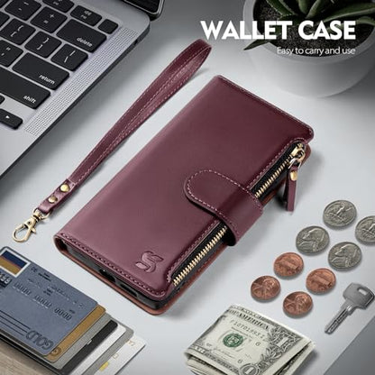 Shieldtop Compatible with Samsung Galaxy S25 Plus Wallet Case with Card Holder,Women Men RFID Blocking PU Leather Flip Cover Wrist Strap Zipper Credit Card Slots,Phone Case for S25 Plus,Wine Red - color: Wine Red, size: Samsung Galaxy S25 Plus - 6.7"