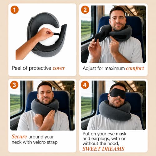 sleepfly Travel Neck Pillow with Hood - Travel Essentials Kit : Hooded Pillow, Eye Mask, Silicone Earplugs & Storage Bag - Ergonomic Memory Foam Neck Support for Airplane