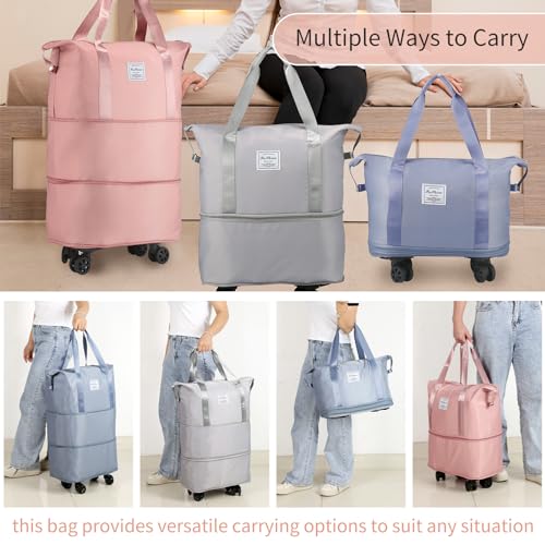 VOOWO Rolling Duffle Bag, Expandable Foldable Carry On Luggage with Wheels, Large Weekend Bag (Grey) - color: Grey
