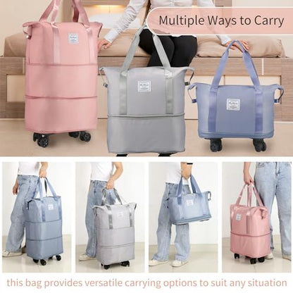 VOOWO Rolling Duffle Bag, Expandable Foldable Carry On Luggage with Wheels, Large Weekend Bag (Grey) - color: Grey