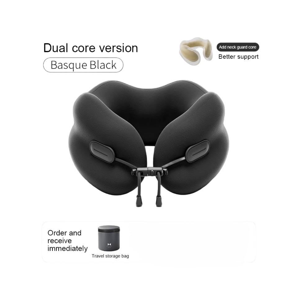 Ultra-Soft Travel Neck Pillow, Ergonomic Design with Contoured Shape, Breathable Fabric,Internal Structure，Travel Blanket Airplane Compact with Bag，Airplane Essentials (Basque Black)