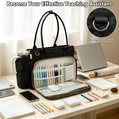 SIYNPAV Teacher Tote Bag with 15.6 in Laptop Compartment& Cup Holder Black - color: Stylish Black