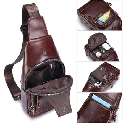 LUKZIJAES Genuine Leather Sling Bag for Men Crossbody Bags Shoulder Chest - color: #3-coffee