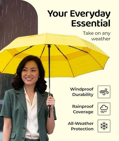 Windproof Travel Umbrella - Compact & Withstands Winds up to 100MPH, Strongest Premium Auto Folding Umbrella for Rain and Sun - Durable, Light & Portable for Women & Men, Fits Backpack & Cars - color: Yellow 1-Pack