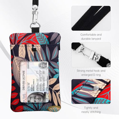 Small Lanyard Wallet with ID Window Minimalist Nylon Zipper Lanyard Pouch - color: Red Maple Leaves