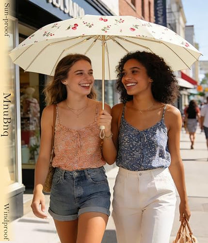 Sun Umbrella UV Protection Cute Windproof Walking Parasol for Women - color: Beige-Outer-Cherry