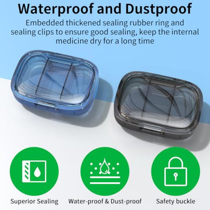 2 Pack 3 Compartment Small Pill Box, Moisture Proof Pill Case, Pill Organizer for Pocket Purse, Daily Portable Medicine Vitamin Box (Blue+Black) - color: Blue+black