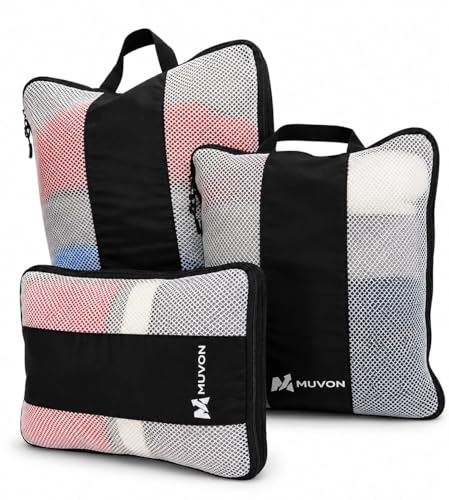 MUVON Compression Packing Cubes, 3 Pack Travel Organizers for Carry-On Luggage, Double-Zipper Compression Bags, Oxford 300D, Black