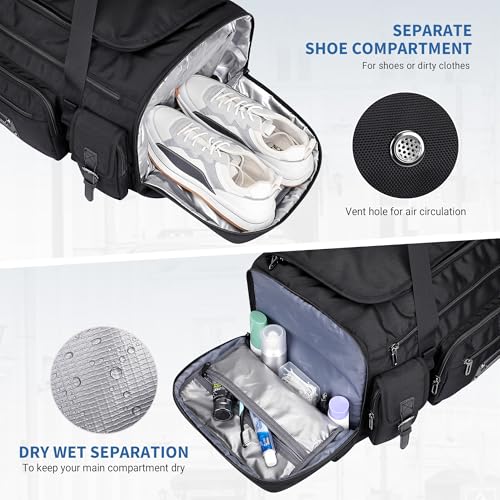 WITZMAN Duffle Bag for Men Large 55L Travel Duffel with Shoe Compartment - color: Black