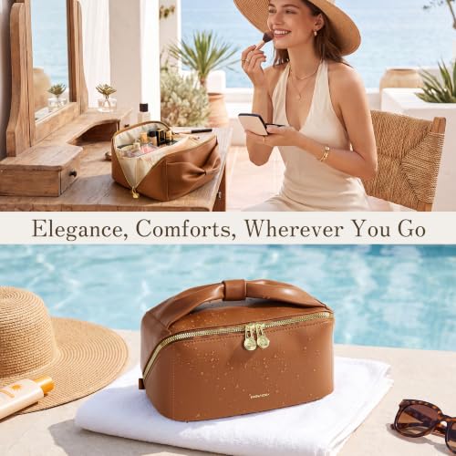 SHOWKOO Cosmetic Bag for Women, WideOpen Travel Makeup Bag with Compartment - color: Brown