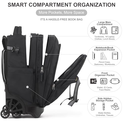 NEW TILAMI 18 Inch Expandable Rolling Backpack Stair-Climbing for School - color: Black