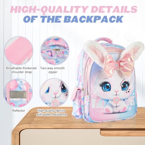 KidsPUNK Backpack for Girls Elementary:16 Inch Cute Rabbit School Bookbag - color: 16 Inch Pink Rabbit