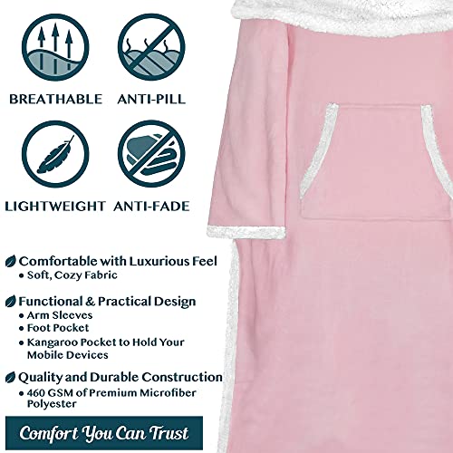 PAVILIA Sherpa Blanket with Sleeves and Foot Pockets for Women Men, Pink - color: Light Pink, size: Sherpa