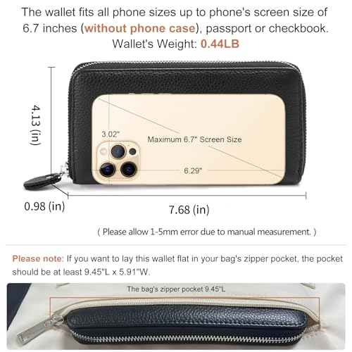 Moflycom Womens Wallet RFID Blocking Genuine Leather Zip Clutch Wristlet - color: Black