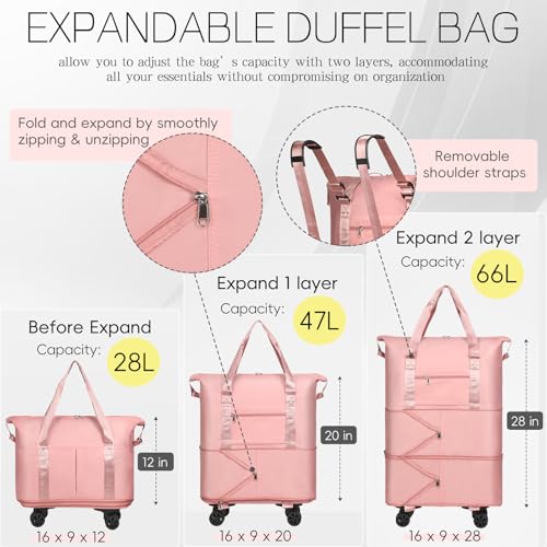 Duffel Bag with Wheels - Rolling Foldable Expandable Duffle bags for Travel, Rolling Under Seat Luggage Carry On Travel Bag, Large Wheeled Overnight Weekender Bag (Pink) - color: Pink