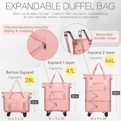 Duffel Bag with Wheels - Rolling Foldable Expandable Duffle bags for Travel, Rolling Under Seat Luggage Carry On Travel Bag, Large Wheeled Overnight Weekender Bag (Pink) - color: Pink