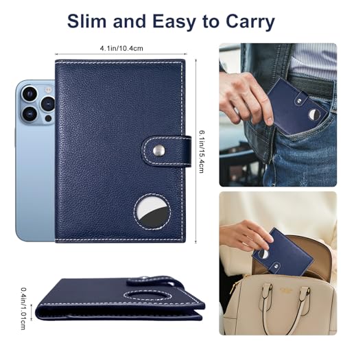 Genuine Leather Slim Passport Holder with RFID &Tracker Slot (Blue) - color: Blue