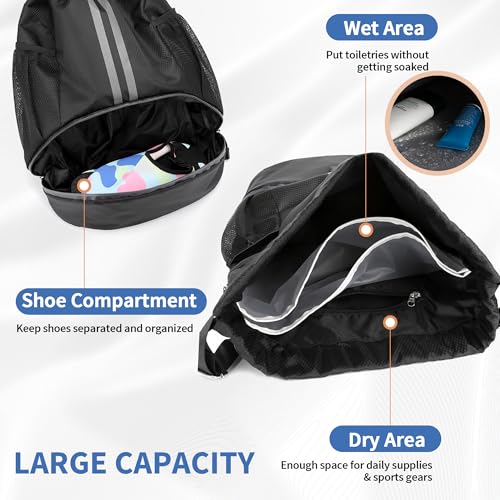 JELUTAR Drawstring Backpack Gym Bag with Shoes Compartment, Black - color: Black, size: Medium
