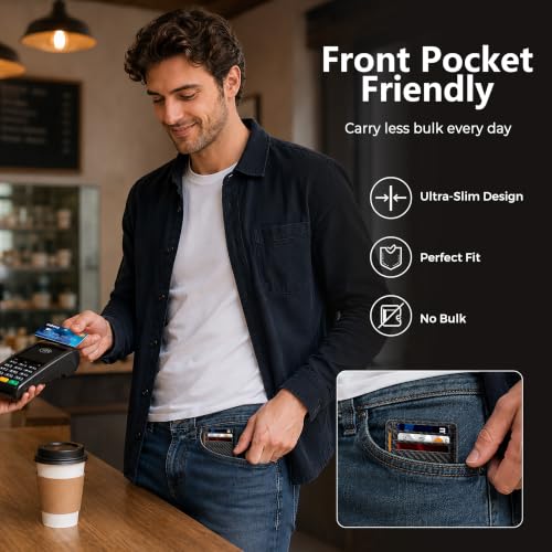 RUNBOX Slim Wallet for Men and Women, RFID Blocking Leather Card Holder - color: Carbon Fiber Black