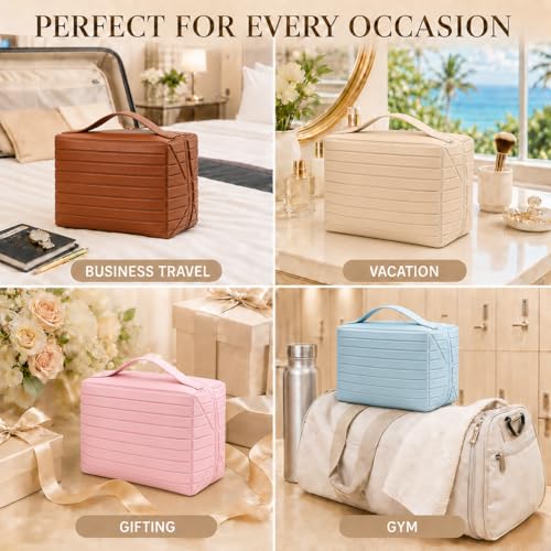 Fold Down Large Capacity Makeup Bag for Women, Foldable Travel Makeup Organizer with Compartments, Lay Flat Waterproof Cosmetic Toiletry Bag for Brushes and Skincare (Light Blue) - color: Light Blue