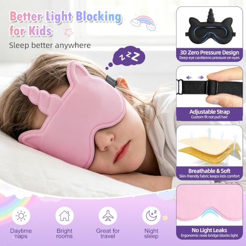 Kids Sleep Mask, 3D Eye Mask for Kids with Adjustable Strap | 3D Contoured Sleeping Mask, Soft Light Blocking Kids Eye Mask for Sleeping, Gift for Girls Boys Age 3+ (Pink) - color: Pink