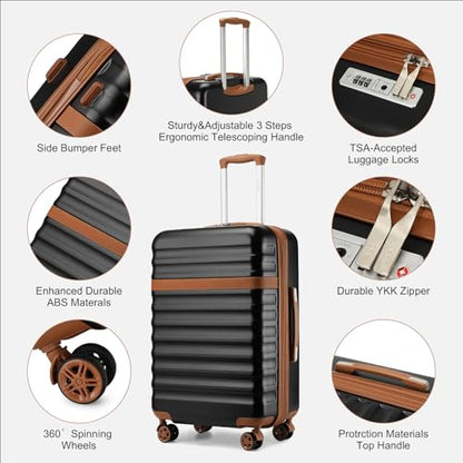 Kono Checked Luggage 28in Expandable Hardside TSA Lock Black - color: Black/Brown, size: Checked-large 28-inch