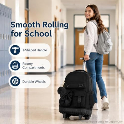 3Pcs Rolling Backpack for Girls Women, School Kids Roller Bookbag with Wheels, Wheeled Backpacks Set for Elementary (Black) - color: Bow Black