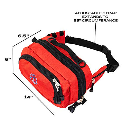 LINE2design Deluxe Medical Fanny Pack Large - EMS Emergency First Aid Paramedic EMT First Responder - Portable Travel Size Medical Equipment Organizer Hip Bag with Multiple Internal Pockets - Red