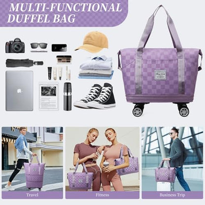 Rolling Duffle Bag with Wheels and Shoe Bag Expandable Foldable Travel Duffel Bag Carry on Luggage Bag Checkerboard Weekender Bag for Men Women - color: Purple+Shoe Bag