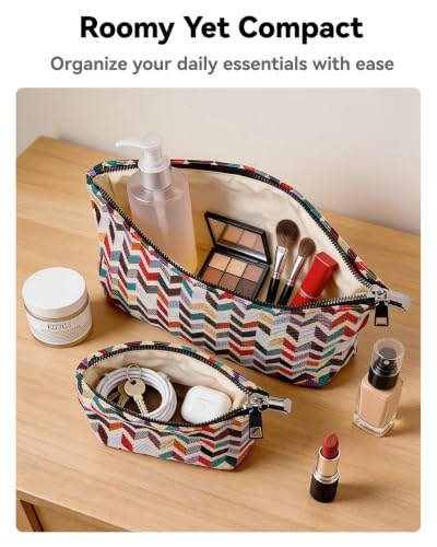 2 Pcs Multicolor Chevron Jacquard Makeup Bag Set for Women, Boho - color: Boho Chevron Jacquard