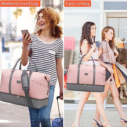 Weekender Bag, Large Travel Duffel Bag for Women, Carry on Overnight Bag with Shoe Compartment and Toiletry Bags - color: A-Pink