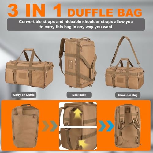 Tactical Duffle Bag with Shoe Compartment, Gym Travel Backpack, 45L - color: khaki