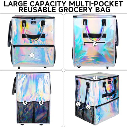 Large Reusable Grocery Bag On 5 Wheels, 130L Foldable Rolling Tote Bag - color: Gradient Silver, size: Large