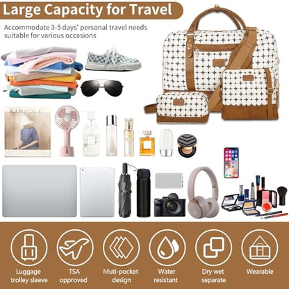 3PCS Weekender Bags for Women Large Overnight Bag, Brown Argyle - color: Brown Argyle
