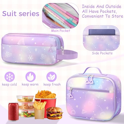 School Backpack for Girls - 5pcs Cute Girls Backpack with Lunch Box for Teens Kids Elementary Middle School - 17″ Students Bookbag Travel Back Pack for Age 6-18 - color: Tm-diamond Purple-backpack Set