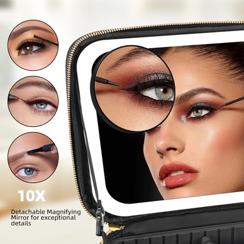 Travel Makeup Bag with Mirror of LED Lighted, Makeup Train Case with Adjustable Dividers, Makeup Case with Mirror and Detachable 10x Magnifying Mirror - color: Black