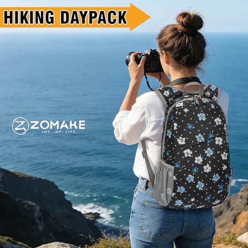 ZOMAKE Lightweight Packable Backpack 20L, Foldable Small Daypack for Hiking - color: Black, White Polka Dot Floral
