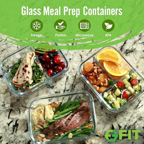 Glass Meal Prep Containers 1 & 2 & 3 Compartments, Airtight, 35 oz, 3 Pack - color: Black (1,2,3 compartment - 3 pack, 35oz)