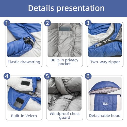 3-in-1 Lightweight Down Sleeping Bag for Adults and Teens | with Detachable Hood,Compact, 20°F 32°F 45°F Rectangular Down Blanket Sleeping Bag,Camping Hiking and Backpacking Outdoor - color: blue 1000g filling