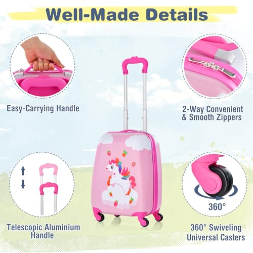 GYMAX 아동용 휴대용 수하물 세트, 30.5cm(12인치) 및 40.6cm(16인치) 롤링 슈트케이스 2개 - color: 스트로베리 포니