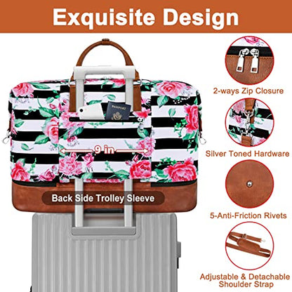 TIBES Travel Weekender Bag for Women, Overnight Bag with Shoe Compartment - color: M-Flower Black & White Strips