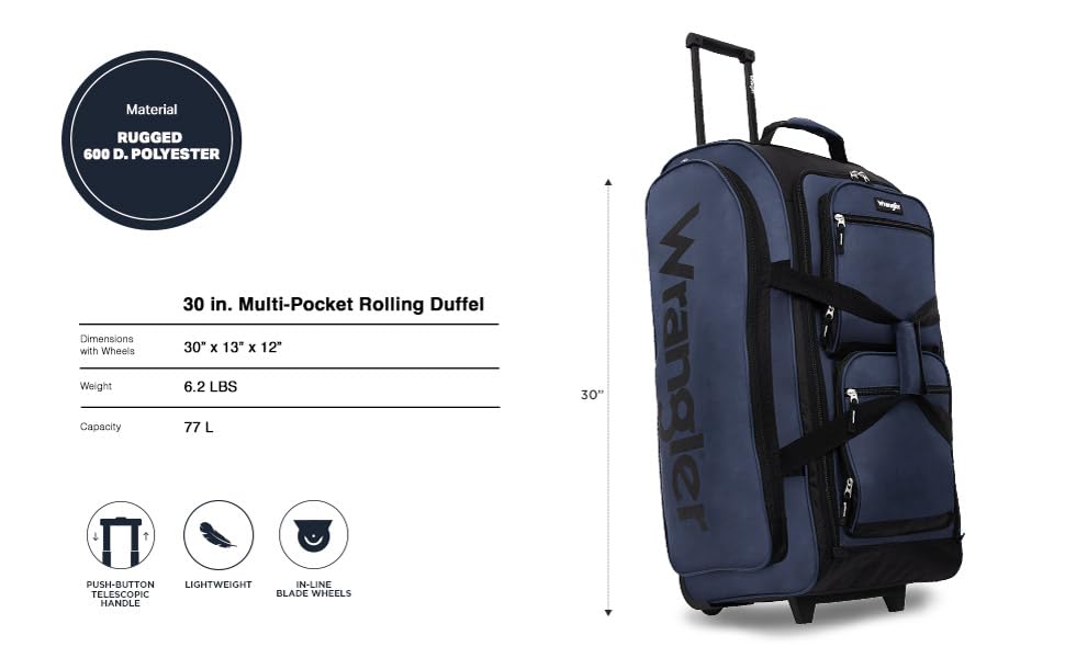 Wrangler Wesley Rolling Duffel Bag, Navy Blue, Large 30-Inch - color: Navy Blue