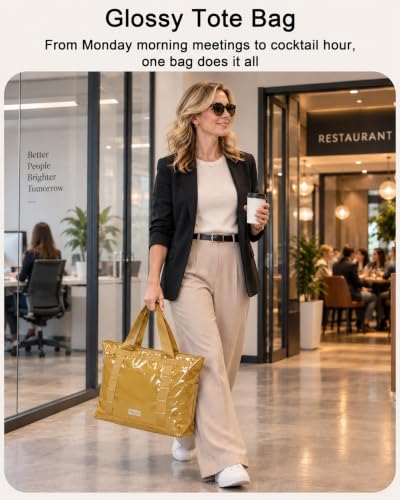 FHELAD Glossy Tote Bag for Women, Y2K Work Travel Laptop Bag, 25L - color: Tan